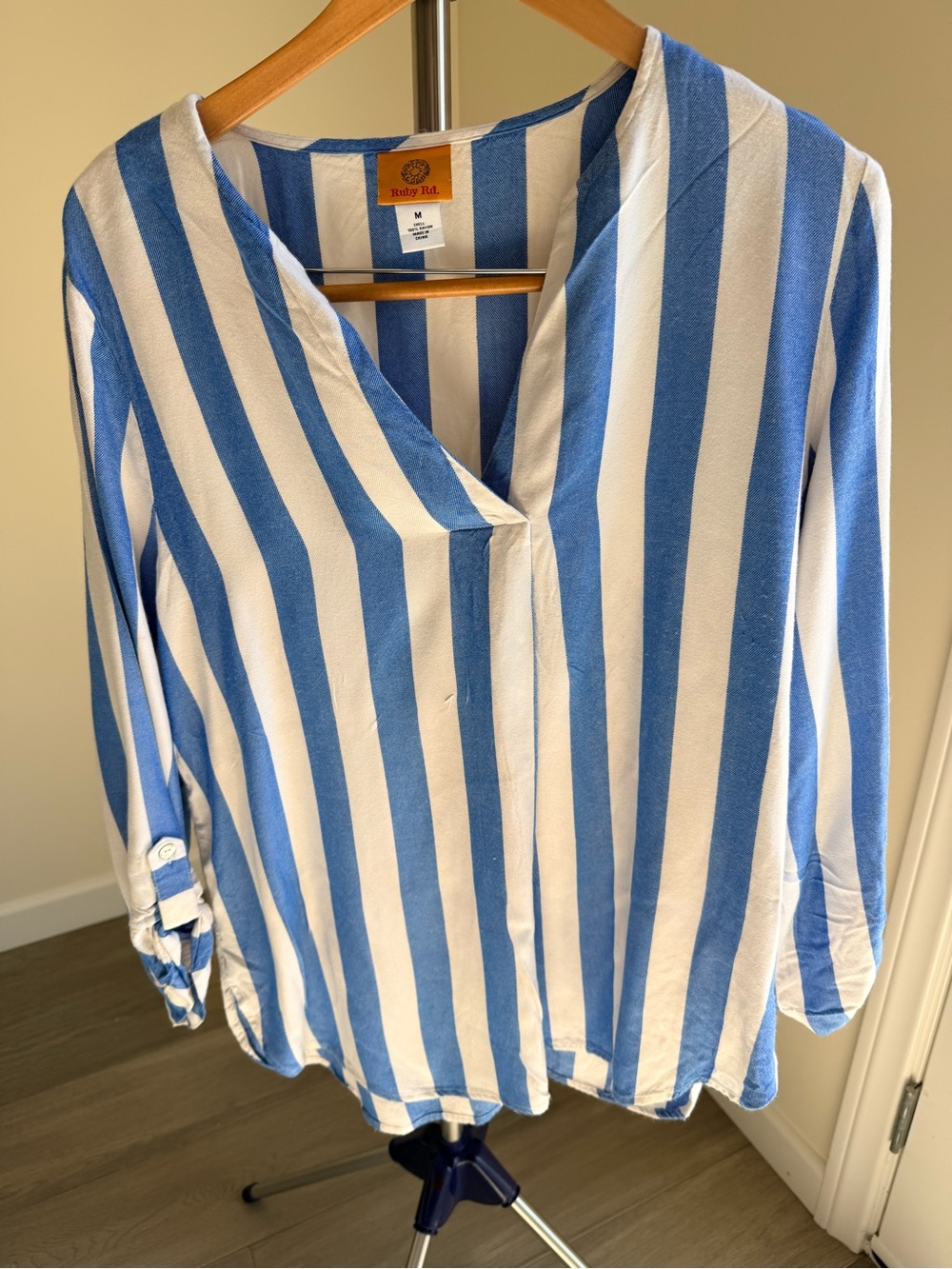 Ruby Rd. Blue & White Vertical Stripe V-Neck Roll-Tab Blouse M